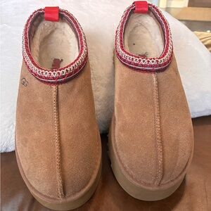 UGG Tan and Red Slip-On Shoes
